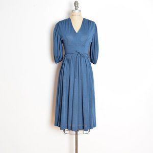 vintage 70s dress navy blue disco surplice deep V midi dress S M